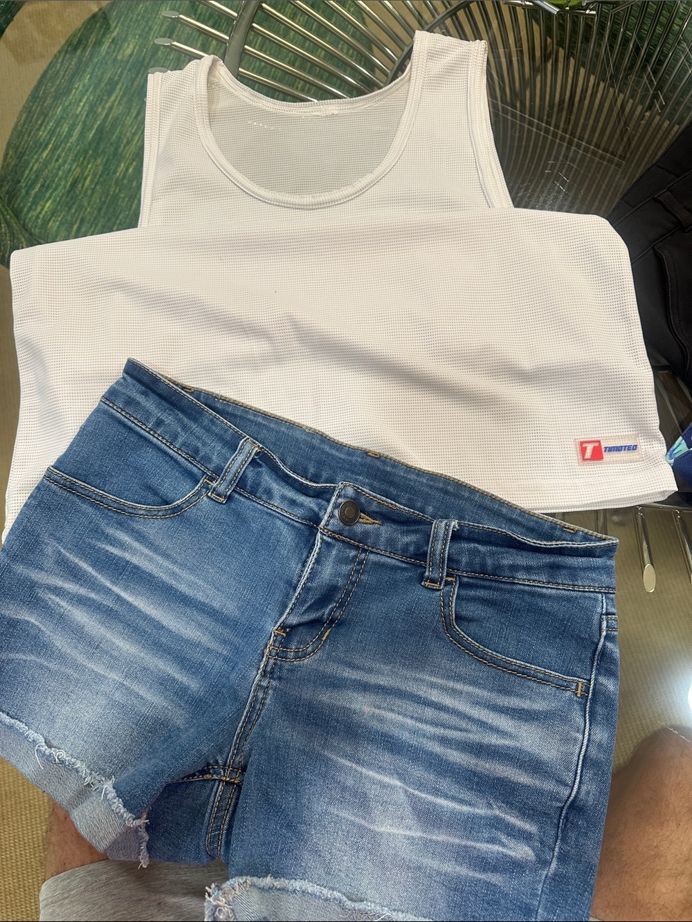 Timoteo Blue Distressed Denim Jean Shorts and white mesh tank